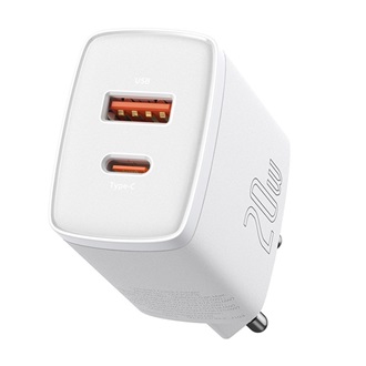 BASEUS COMPACT hálózati töltő USB+Type-C aljzat 20W, PD gyorstöltő 3.0, FEHÉR