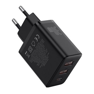 BASEUS CUBE hálózati töltő 2 USB+Type-C aljzat (30W, GaN, PD gyorstöltő 3.0) FEKETE