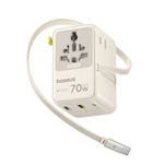 BASEUS ENERCORE CG11 utazó töltő 2 USB+Type-C aljzat (70W, GaN6, gyorstöltés, EU, UK, US, AU + fix Type-C kábel) BÉZS