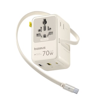 BASEUS ENERCORE CG11 utazó töltő 2 USB+Type-C aljzat (70W, GaN6, gyorstöltés, EU, UK, US, AU + fix Type-C kábel) BÉZS