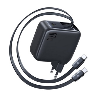 BASEUS ENERCORE CJ21 hálózati töltő Type-C aljzat (67W, PD gyorstöltő 3.0 + 2 fix, csévélhető Type-C kábel) FEKETE