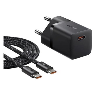BASEUS GaN5 MINI hálózati töltő Type-C aljzat 25W, GaN5 + Type-C kábel, FEKETE