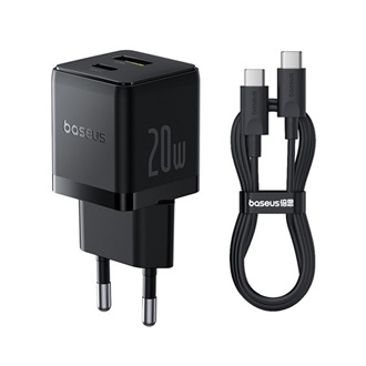 BASEUS PALM hálózati töltő USB+Type-C aljzat 20W, PD gyorstöltő 3.0 + Type-C kábel, FEKETE