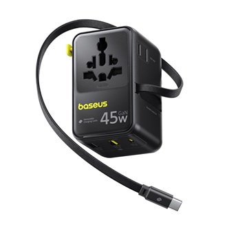 BASEUS PICOGO AG11 utazó töltő 2 USB+Type-C aljzat (45W, GaN6, gyorstöltés, EU, UK, US, AU + fix Type-C kábel) FEKETE
