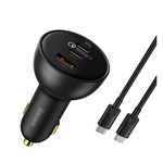 BASEUS QUALCOMM autós töltő USB+2 Type-C aljzat 100W, PD gyorstöltő 5.0 + Type-C kábel, FEKETE