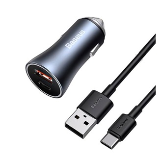 BASEUS autós töltő USB+Type-C aljzat 40W, LED jelzés + Type-C kábel, SZÜRKE