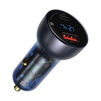 BASEUS autós töltő USB+Type-C aljzat 65W, LED kijelző, SZÜRKE