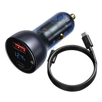 BASEUS autós töltő USB+Type-C aljzat 65W, PD gyorstöltő 3.0 + Type-C kábel, SÖTÉTKÉK