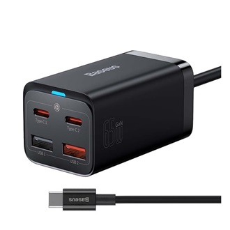 BASEUS hálózati töltő 2 USB+2 Type-C aljzat 65W, PD gyorstöltő 4.0 + Type-C - Type-C kábel, FEKETE