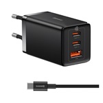 BASEUS hálózati töltő USB+2 Type-C aljzat 65W, PD gyorstöltő + Type-C kábel, FEKETE