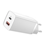 BASEUS hálózati töltő USB+Type-C aljzat 65W, PD gyorstöltő 3.0, FEHÉR