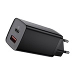 BASEUS hálózati töltő USB+Type-C aljzat 65W, PD gyorstöltő 3.0, FEKETE