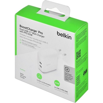 BELKIN BOOSTCHARGE PRO hálózati töltő 2 Type-C aljzat 60W, PD gyorstöltő, FEHÉR