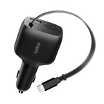 BELKIN BOOSTCHARGE autós töltő USB+Type-C aljzat (75W, PD gyorstöltő + fix, csévélhető Type-C kábel) FEKETE