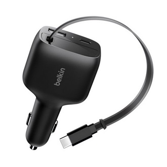 BELKIN BOOSTCHARGE autós töltő USB+Type-C aljzat (75W, PD gyorstöltő + fix, csévélhető Type-C kábel) FEKETE
