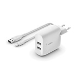 BELKIN BOOSTCHARGE hálózati töltő 2 USB aljzat 24W, gyorstöltő + lightning kábel, FEHÉR