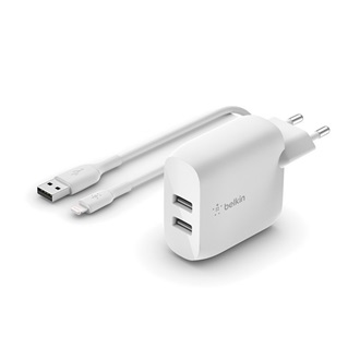 BELKIN BOOSTCHARGE hálózati töltő 2 USB aljzat 24W, gyorstöltő + lightning kábel, FEHÉR