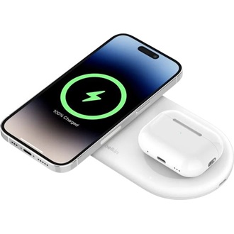 BELKIN asztali töltő 2in1 (15W, gyorstöltő, wireless, Magsafe, Apple Airpods töltő, Qi2) FEHÉR