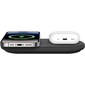 BELKIN asztali töltő 2in1 (15W, gyorstöltő, wireless, Magsafe, Apple Airpods töltő, Qi2) FEKETE