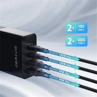 BLITZWOLF BW-S29 hálózati töltő 2 USB+2 Type-C aljzat 120W, PD gyorstöltő, FEKETE