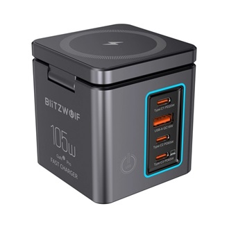BLITZWOLF asztali töltőállvány USB+3 Type-C 105W, Apple Watch töltő, FEKETE