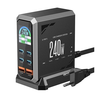 BLITZWOLF hálózati töltő állomás 2 USB+4 Type-C aljzat 240W, LED kijelző, FEKETE
