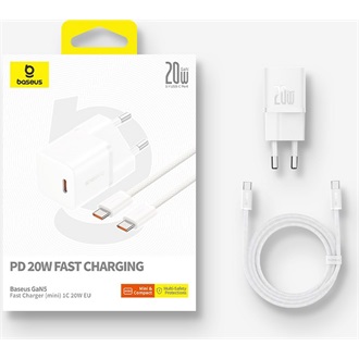Baseus GaN5 Mini 20W univerzális hálózati töltő adapter fehér +1m 100W kábel