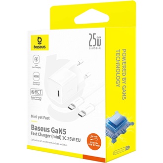 Baseus GaN5 Mini 25W univerzális hálózati töltő adapter fehér +1m 100W kábel