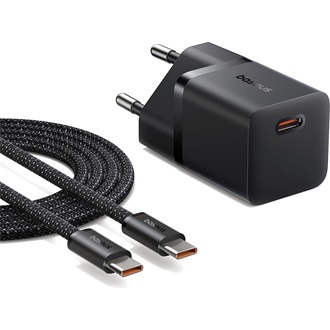 Baseus GaN5 Mini 25W univerzális hálózati töltő adapter fekete +1m 100W kábel