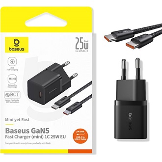 Baseus GaN5 Mini 25W univerzális hálózati töltő adapter fekete +1m 100W kábel