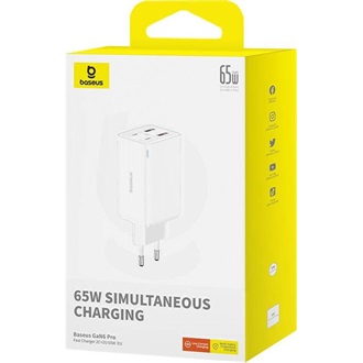 Baseus GaN6 Pro 65W univerzális hálózati töltő adapter fehér +1m 100W kábel