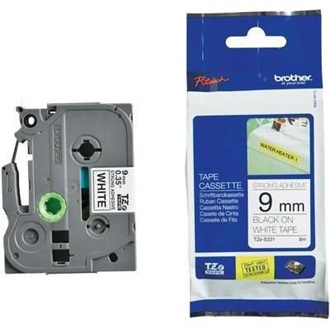 Brother TZeS221 9mm fehér alapon fekete erős tapadású laminált szalag festékszalag fekete-fehér