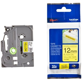 Brother TZeS631 12mm sárga alapon fekete erős tapadású laminált szalag festékszalag sárga-fekete