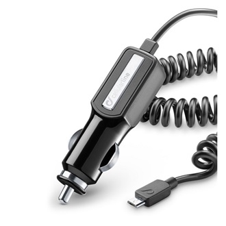 CELLULARLINE autós töltő 10W + fix microUSB, spirálkábel, FEKETE
