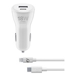 CELLULARLINE autós töltő USB+Type-C aljzat 18+12W, gyorstöltő + Type-C - lightning kábel, FEHÉR