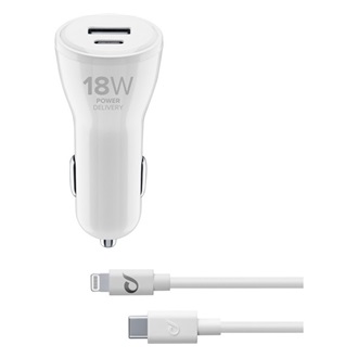 CELLULARLINE autós töltő USB+Type-C aljzat 18+12W, gyorstöltő + Type-C - lightning kábel, FEHÉR