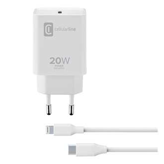 CELLULARLINE hálózati töltő Type-C aljzat 20W, PD gyorstöltő + Type-C - lightning kábel, FEHÉR
