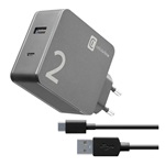 CELLULARLINE hálózati töltő USB+Type-C aljzat 48W gyorstöltő + Type-C kábel FEKETE