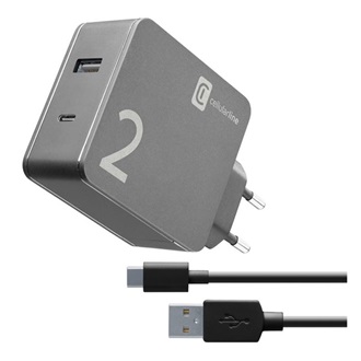 CELLULARLINE hálózati töltő USB+Type-C aljzat 48W gyorstöltő + Type-C kábel FEKETE