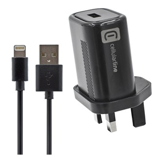 CELLULARLINE utazó töltő USB aljzat 12W, földelt + lightning kábel, FEKETE