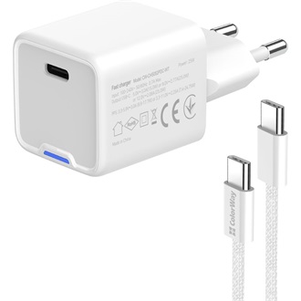 COLORWAY AC töltő GaN Mini CW-CHS052PDC-WT 25W PD port PPS USB-C fehér kábel Type-C