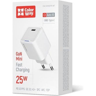 COLORWAY AC töltő GaN Mini, CW-CHS052PD-WT 25W PD port PPS USB-C fehér