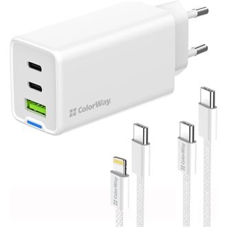 COLORWAY AC töltő GaN Mini CW-CHS058PDCL-WT 65W PD port PPS USB (USB-2C1A) kábel Type-C és Lightning