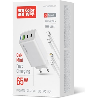 COLORWAY AC töltő GaN Mini CW-CHS058PDCL-WT 65W PD port PPS USB (USB-2C1A) kábel Type-C és Lightning