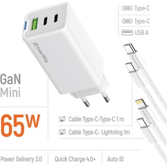 COLORWAY AC töltő GaN Mini CW-CHS058PDCL-WT 65W PD port PPS USB (USB-2C1A) kábel Type-C és Lightning