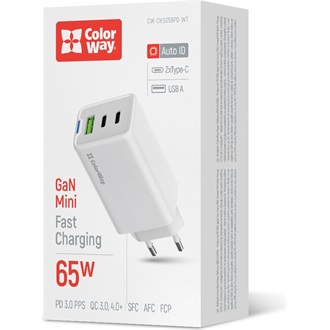 COLORWAY AC töltő GaN Mini CW-CHS058PD-WT 65W PD port PPS USB (USB-2C1A) fehér