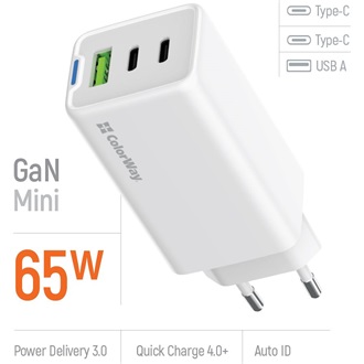 COLORWAY AC töltő GaN Mini CW-CHS058PD-WT 65W PD port PPS USB (USB-2C1A) fehér