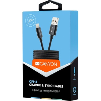 Canyon CNE-CFI3 Apple Lightning -> USB-A 2.0 M/M adatkábel 1m fekete (braided)