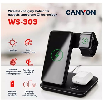 Canyon WS-303 3-in-1 15W univerzális vezeték nélküli töltő adapter szürke (Qi)