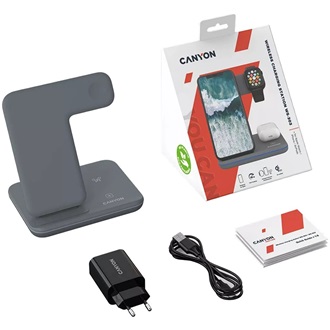 Canyon WS-303 3-in-1 15W univerzális vezeték nélküli töltő adapter szürke (Qi)